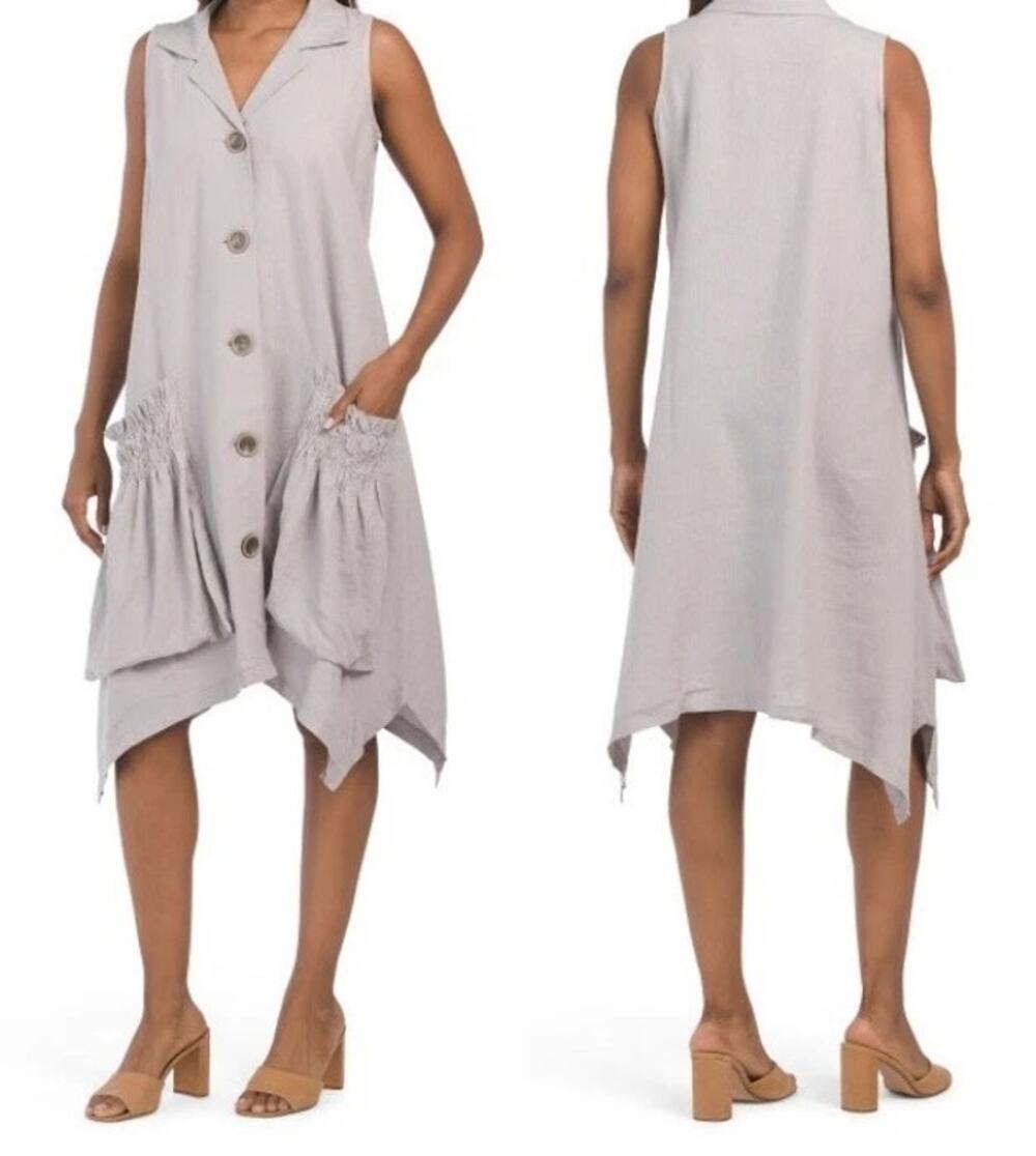 For Cynthia Gray Linen Blend Sleeveless Smocked Pocket Lagenlook Shirt Dress